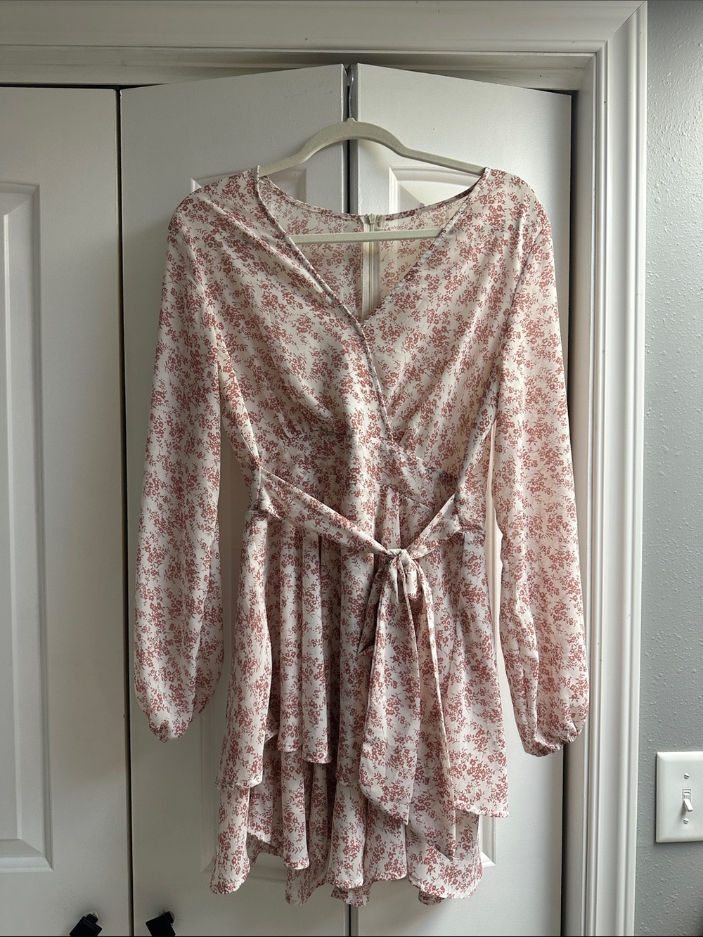 Floral Wrap Tie-Waist Long Sleeve Mini Dress - Pink Floral